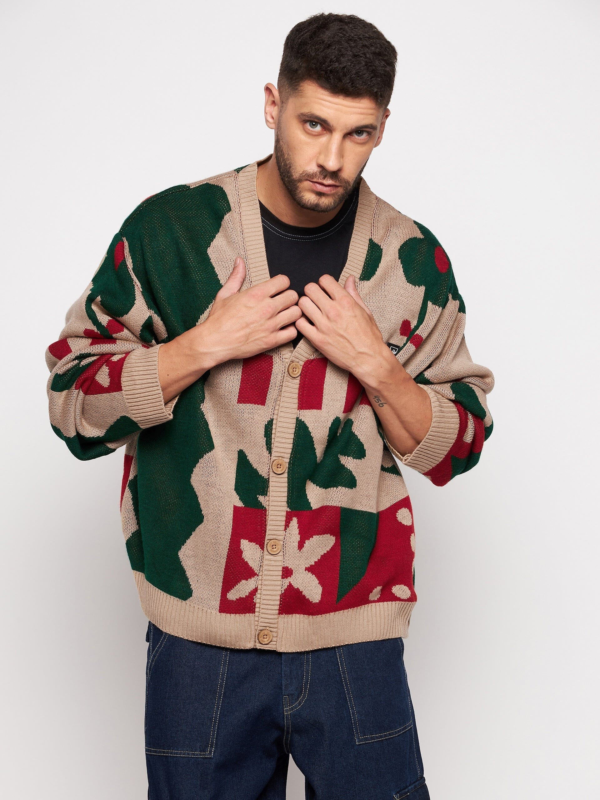 Beige Abstract Oversized Cardigan | Buy Mens Sweaters | Fugazee