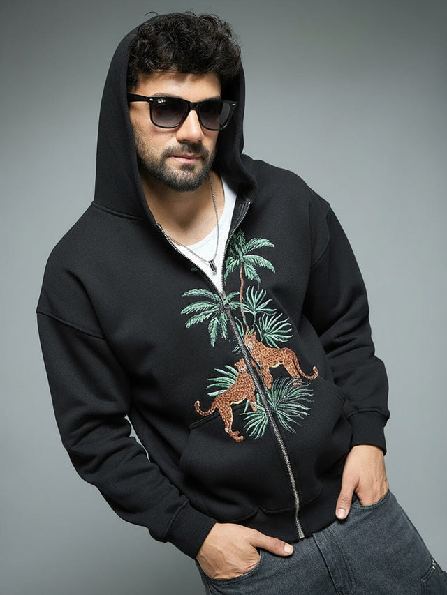 Black Tropical Tiger Embroidered Hoodie Sweatshirts Fugazee 