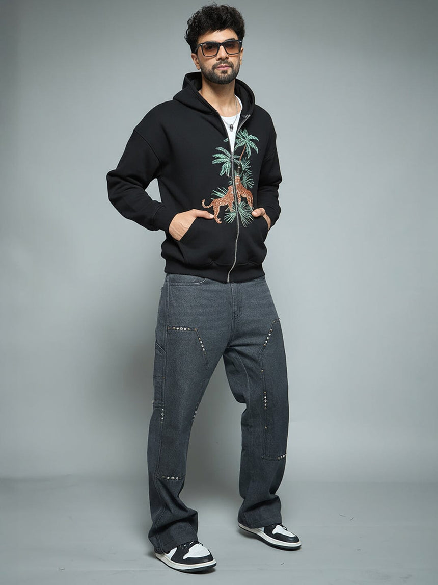 Black Tropical Tiger Embroidered Hoodie Sweatshirts Fugazee 