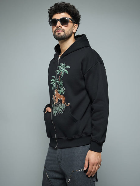 Black Tropical Tiger Embroidered Hoodie Sweatshirts Fugazee 