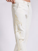 White Mayan Embroidery Riveted Flared Denim Jeans Fugazee 
