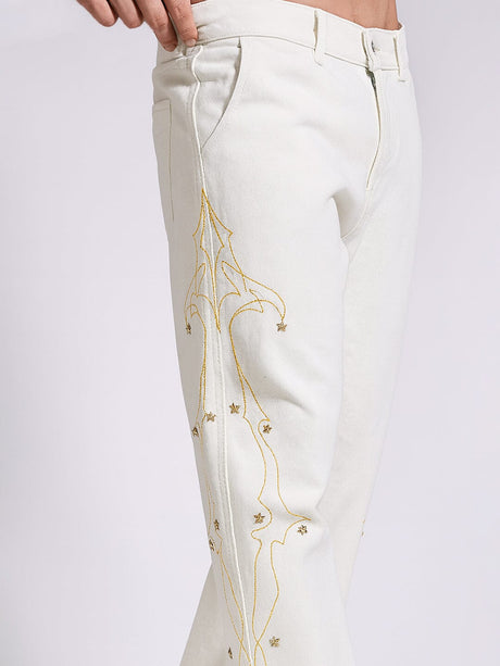White Mayan Embroidery Riveted Flared Denim Jeans Fugazee 