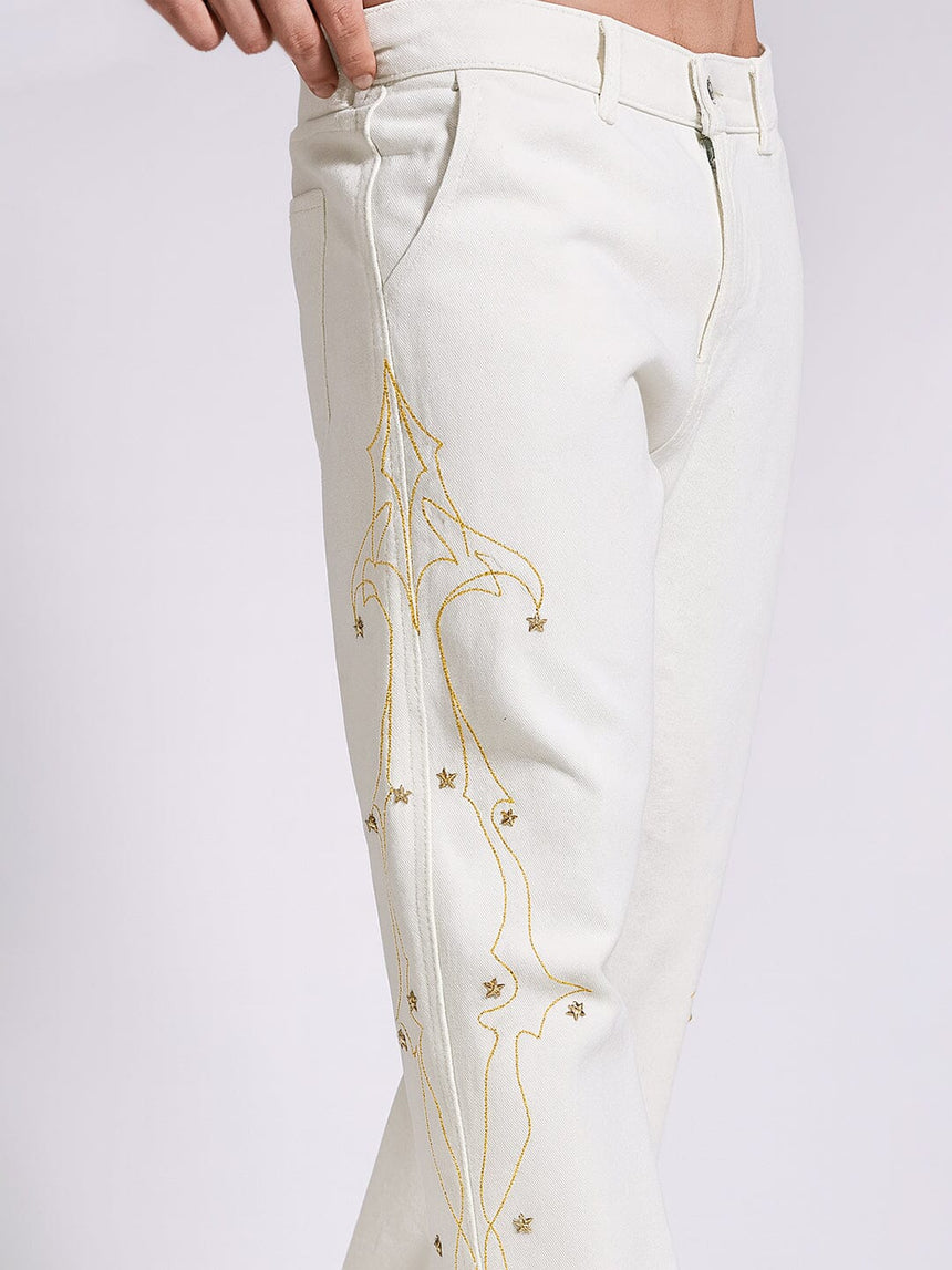 White Mayan Embroidery Riveted Flared Denim Jeans Fugazee 