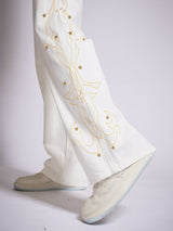 White Mayan Embroidery Riveted Flared Denim Jeans Fugazee 