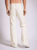 White Mayan Embroidery Riveted Flared Denim Jeans Fugazee 