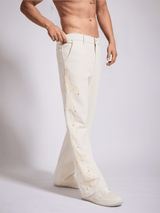 White Mayan Embroidery Riveted Flared Denim Jeans Fugazee 