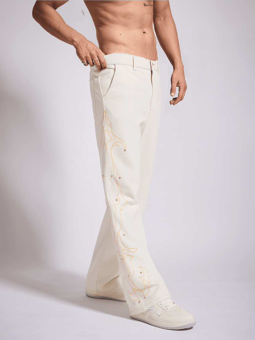 White Mayan Embroidery Riveted Flared Denim Jeans Fugazee 