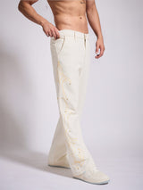 White Mayan Embroidery Riveted Flared Denim Jeans Fugazee 