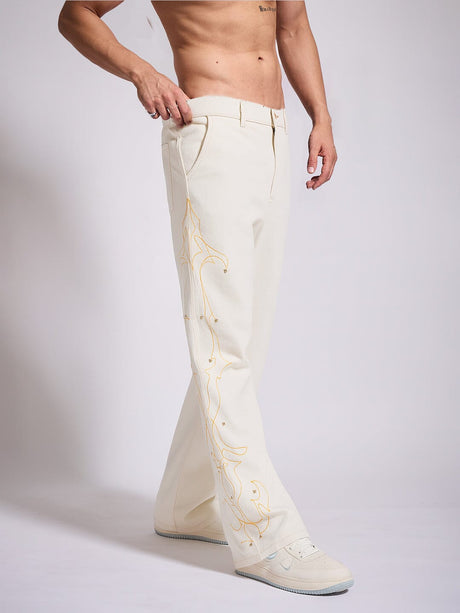 White Mayan Embroidery Riveted Flared Denim Jeans Fugazee 