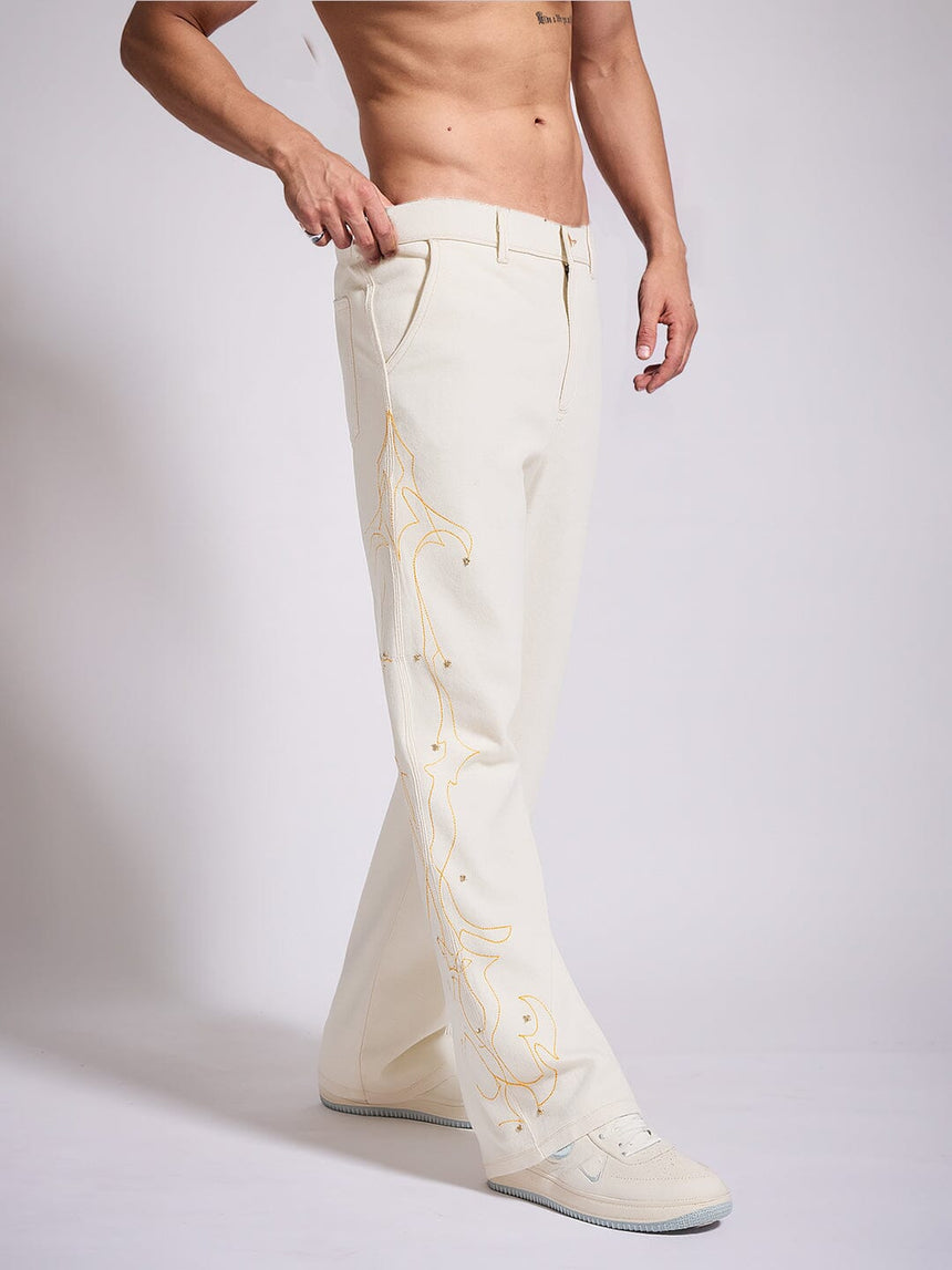 White Mayan Embroidery Riveted Flared Denim Jeans Fugazee 