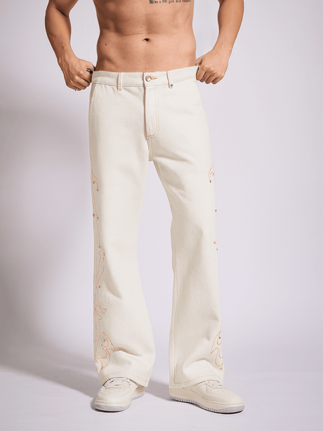 White Mayan Embroidery Riveted Flared Denim Jeans Fugazee 
