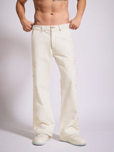 White Mayan Embroidery Riveted Flared Denim Jeans Fugazee 