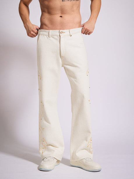 White Mayan Embroidery Riveted Flared Denim Jeans Fugazee 