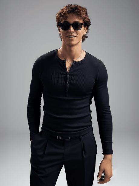 Black Ribbed Henley Longsleeves Tshirt T-Shirts Fugazee 