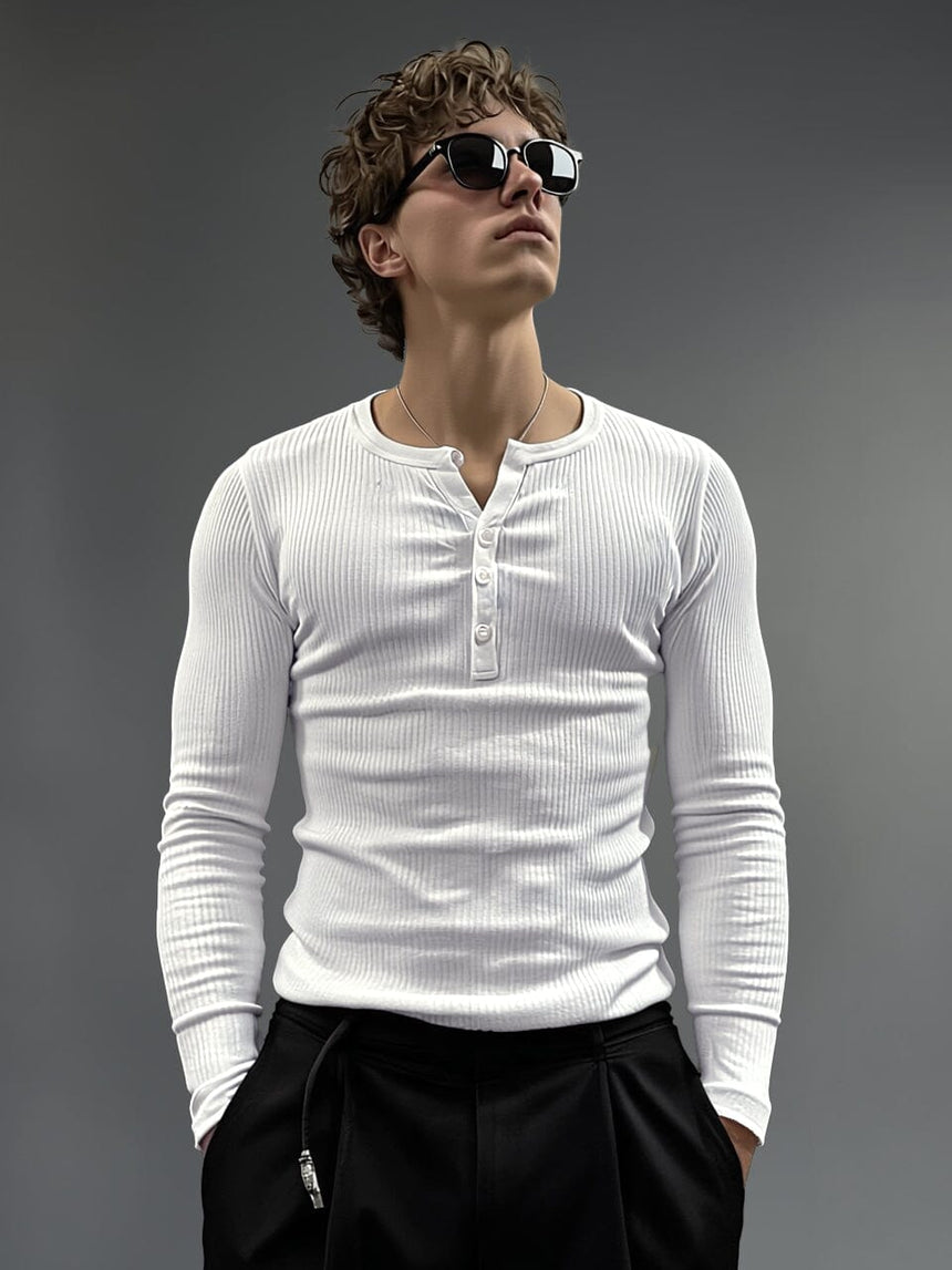 White Ribbed Henley Longsleeves Tshirt T-Shirts Fugazee 