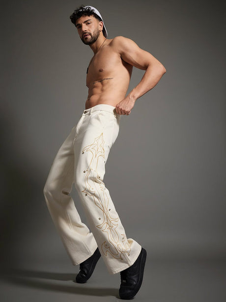 White Mayan Embroidery Riveted Flared Denim Jeans Fugazee 