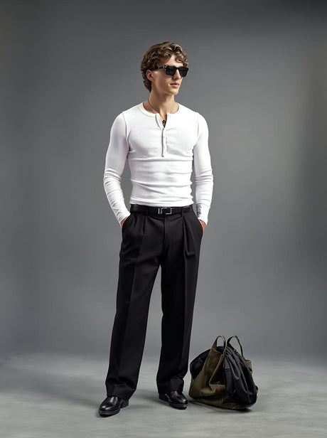 White Ribbed Henley Longsleeves Tshirt T-Shirts Fugazee 