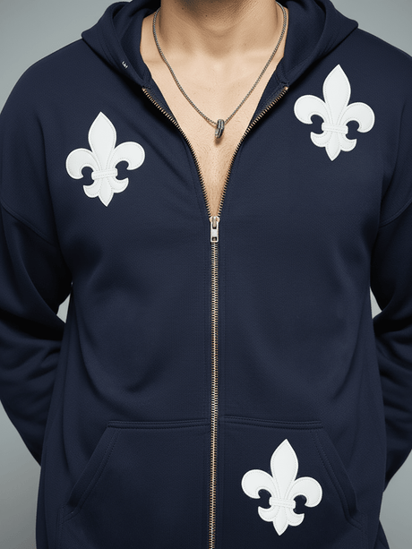 Navy Applique Zipped Hoodie Sweatshirts Fugazee 
