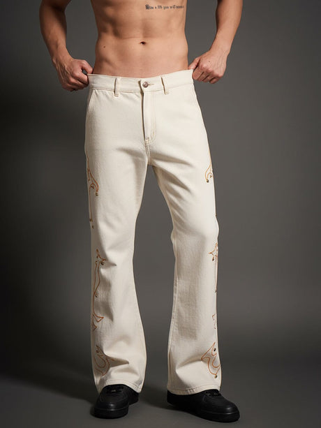 White Mayan Embroidery Riveted Flared Denim Jeans Fugazee 