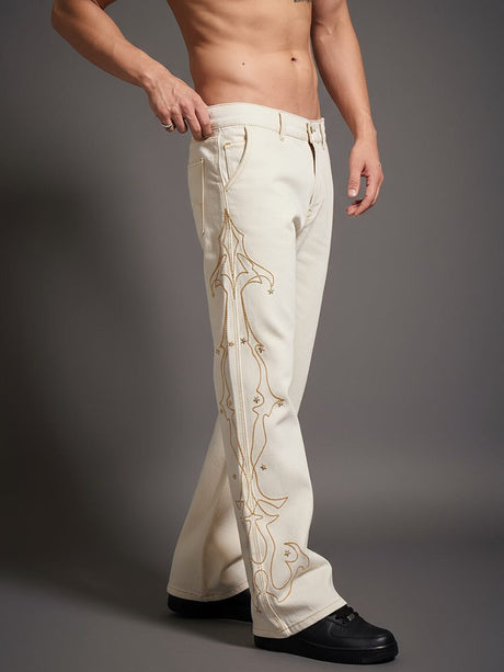 White Mayan Embroidery Riveted Flared Denim Jeans Fugazee 