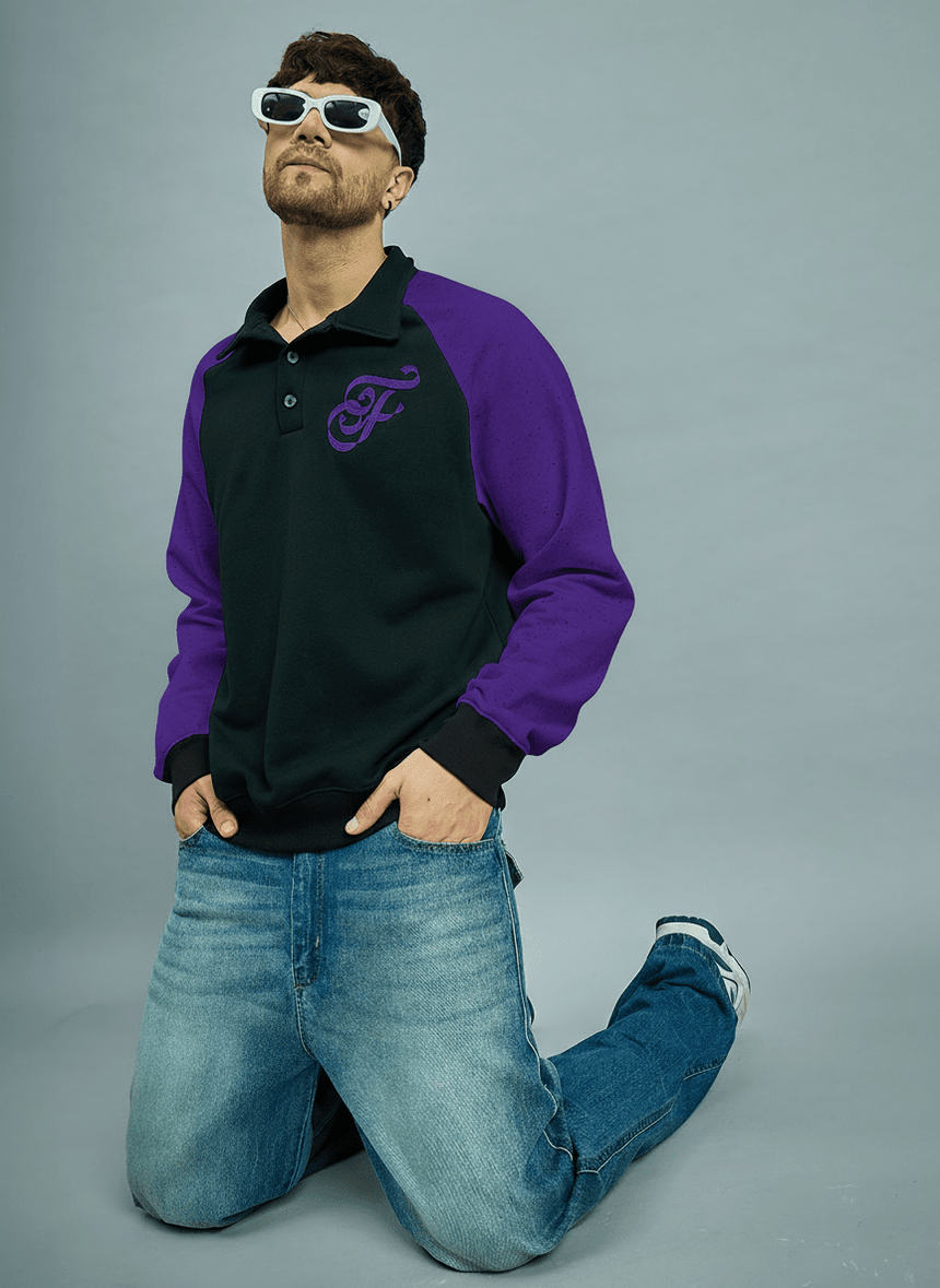 Black & Purple Raglan Polo Sweatshirt Sweatshirts Fugazee 