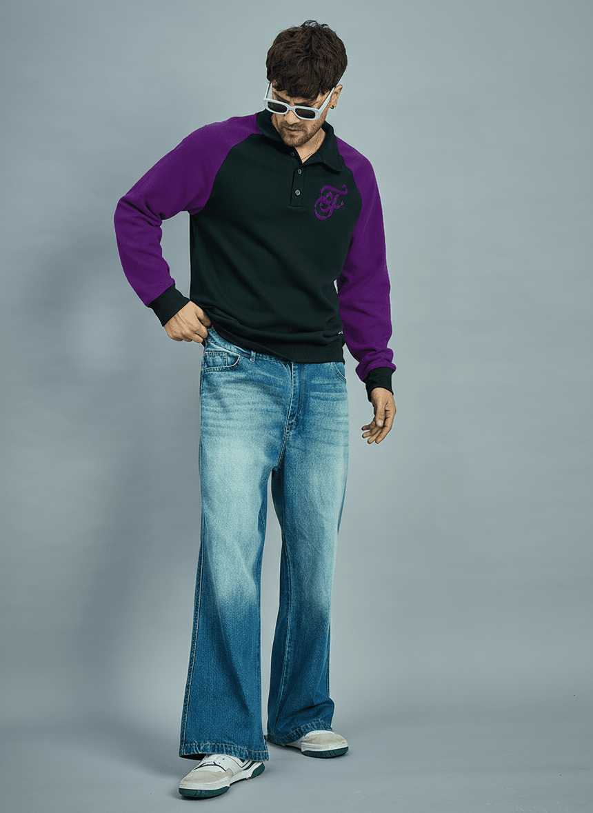 Black & Purple Raglan Polo Sweatshirt Sweatshirts Fugazee 