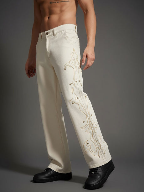 White Mayan Embroidery Riveted Flared Denim Jeans Fugazee 