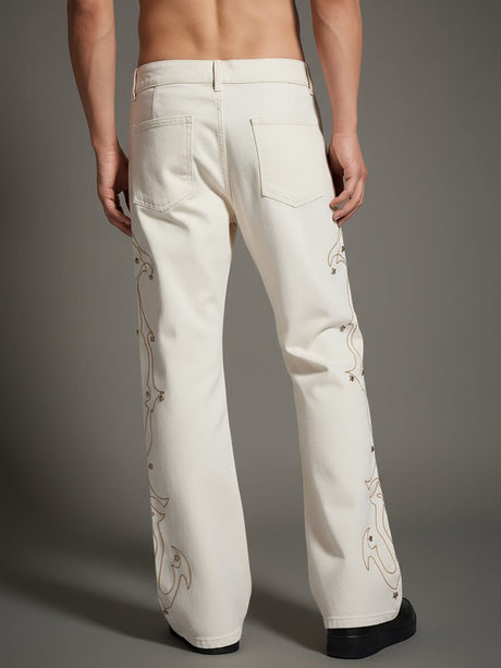 White Mayan Embroidery Riveted Flared Denim Jeans Fugazee 