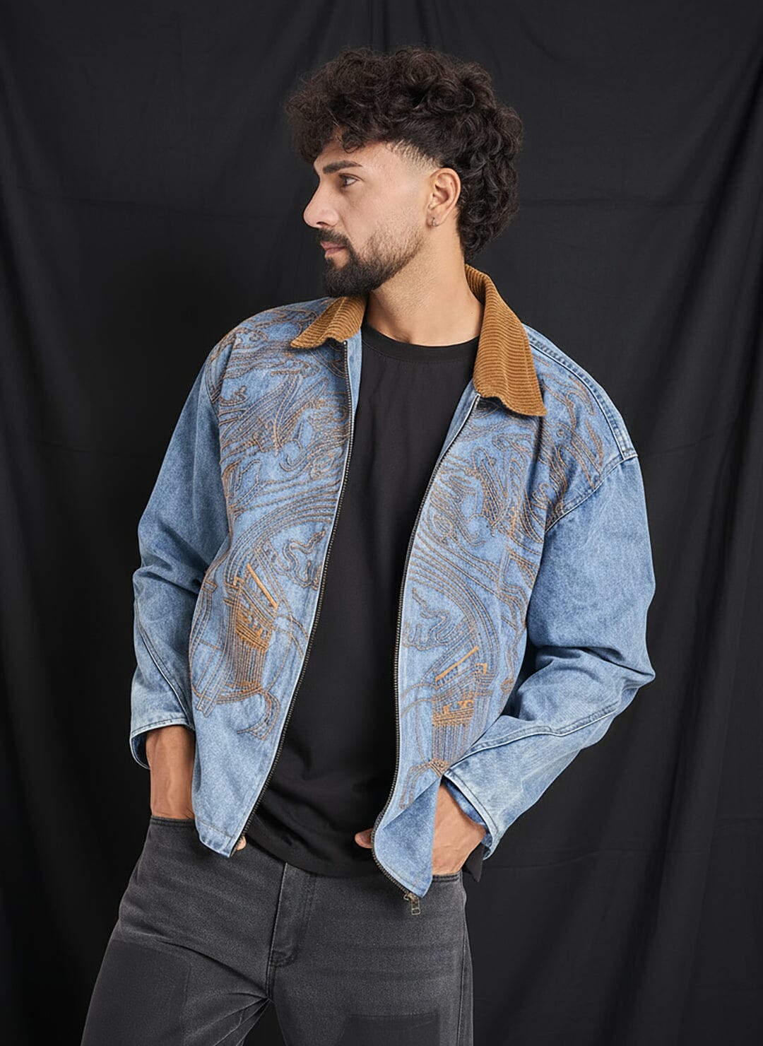 Ice Lineart Embriodery Harrington Denim Jacket | Buy Men Jacket