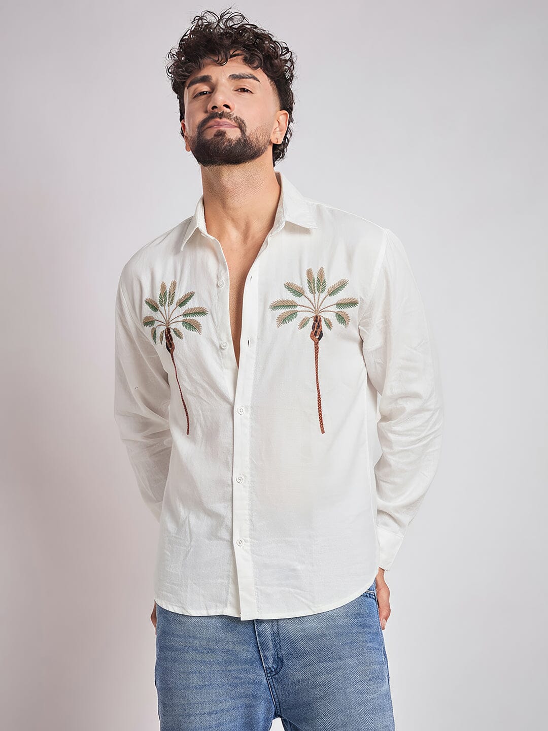 トップス Sticker Printed Corduroy Shirt White Palm Embroidery Corduroy Shirt | Buy Men Applique Shirts
