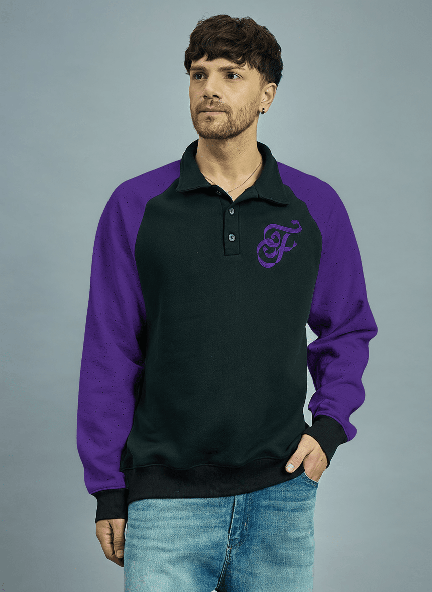 Black & Purple Raglan Polo Sweatshirt Sweatshirts Fugazee 