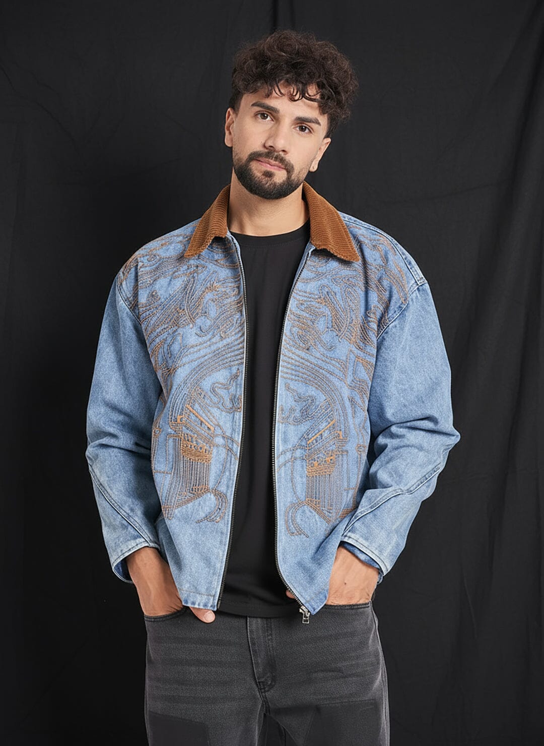 Ice Lineart Embriodery Harrington Denim Jacket | Buy Men Jacket