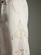 White Mayan Embroidery Riveted Flared Denim Jeans Fugazee 