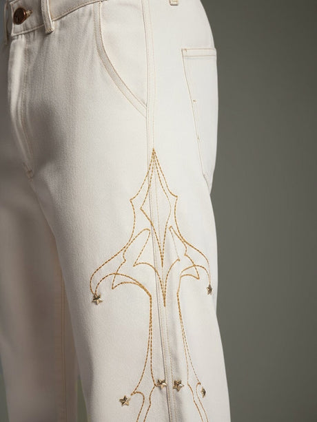 White Mayan Embroidery Riveted Flared Denim Jeans Fugazee 