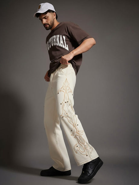 White Mayan Embroidery Riveted Flared Denim Jeans Fugazee 
