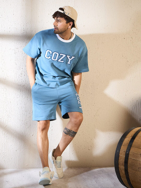 Blue Cozy Embroidered Oversized Tshirt & Shorts Clothing set Clothing Set Fugazee 