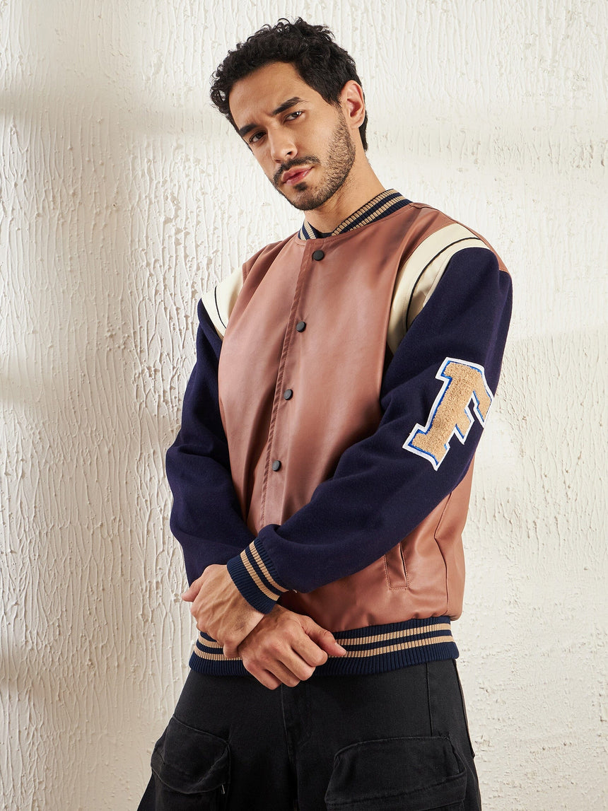 Tan Faux Leather Varsity Jacket Jackets Fugazee 