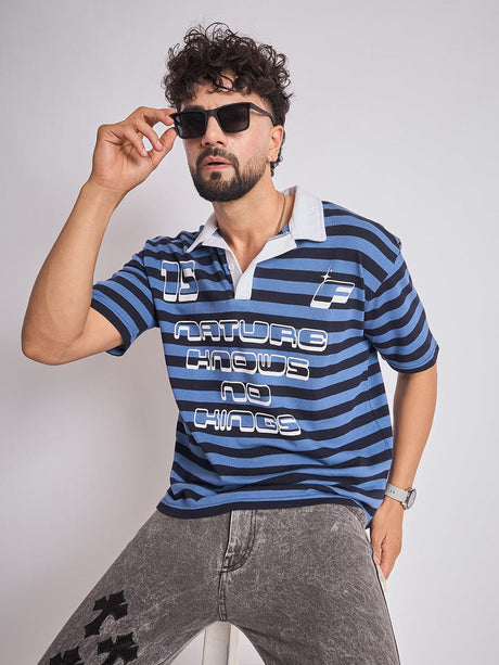 Navy Striped Graphic Polo Tshirt T-Shirts Fugazee 