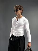White Ribbed Henley Longsleeves Tshirt T-Shirts Fugazee 