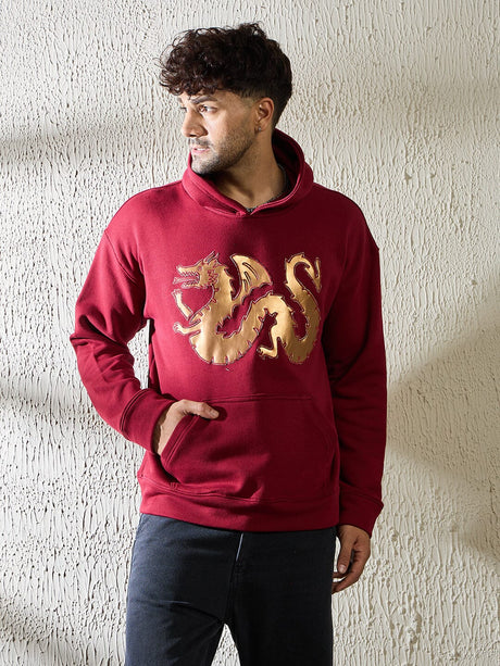 Wine Golden Dragon Oversized Hooded Sweatshirt Sweatshirts Fugazee 
