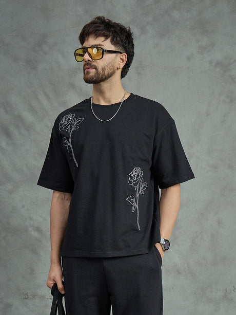 Black Rose Embroidery Oversized Tee T-Shirts Fugazee 