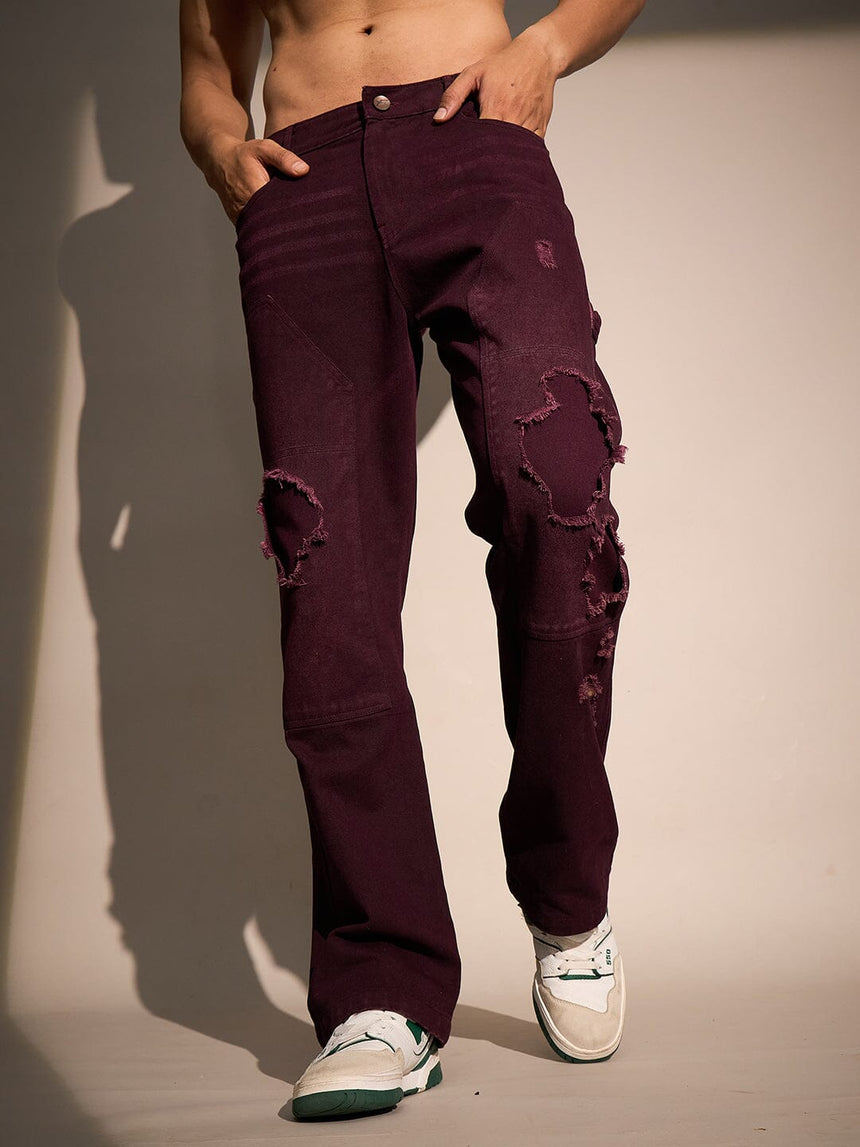 Burgundy Carpenter Distressed Denim Jeans Fugazee 