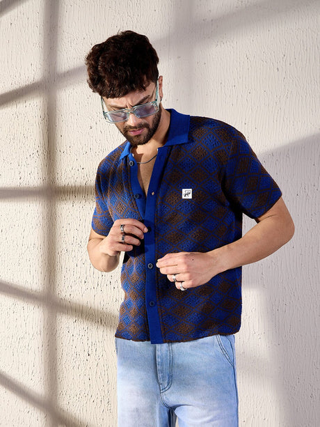 Blue & Brown Pattern Crochet Shirt Shirts Fugazee 