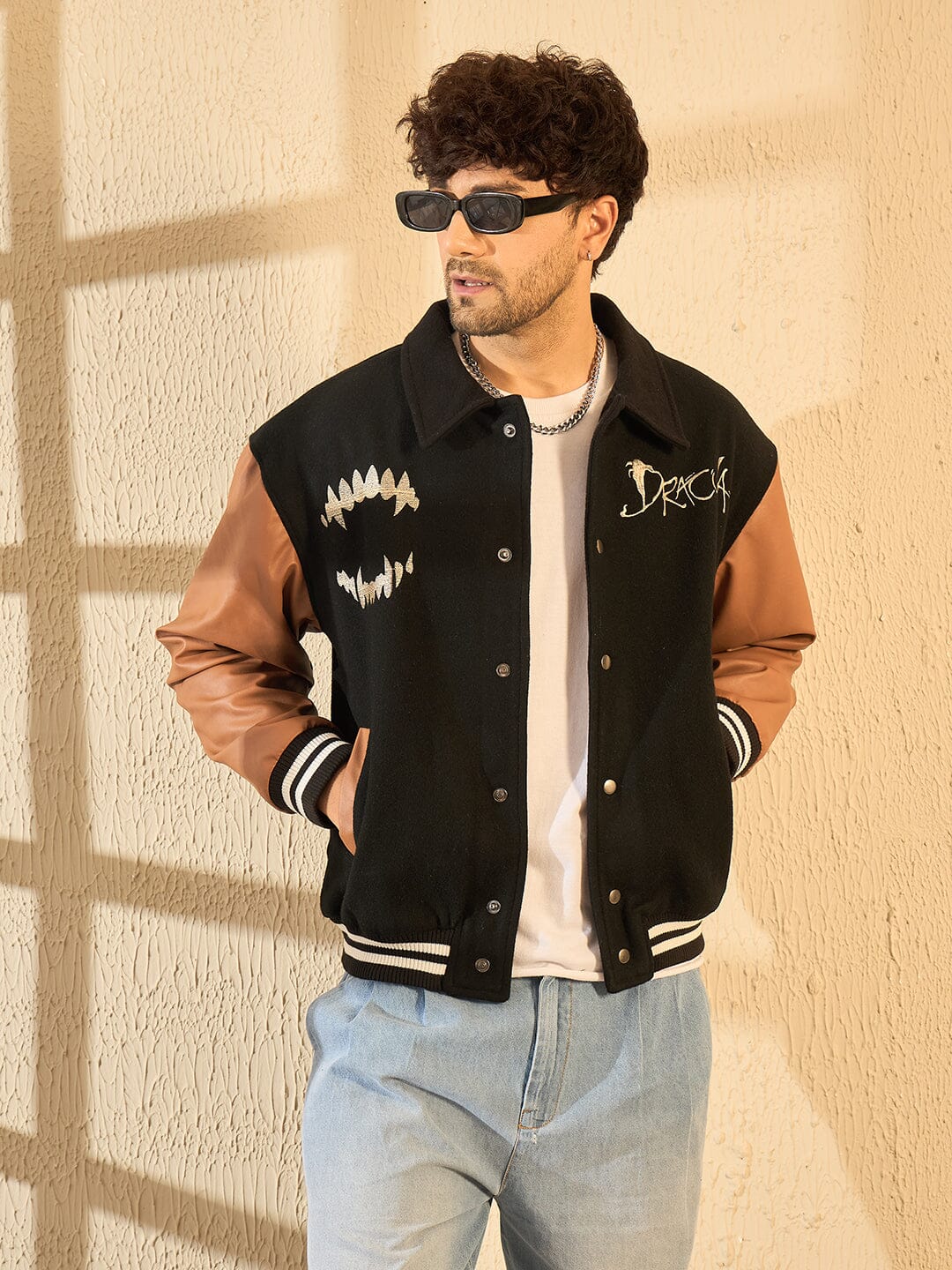 Black Dracula Embroidery Woollen Varsity Jacket | Buy Men Jacket