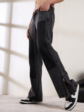 Black Contrast Patched Flared Zipped Denim Jeans Fugazee 