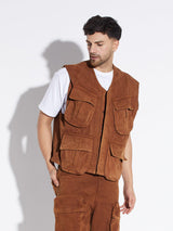 Brown Wash Denim Utility Sleeveless Jacket Jackets Fugazee 