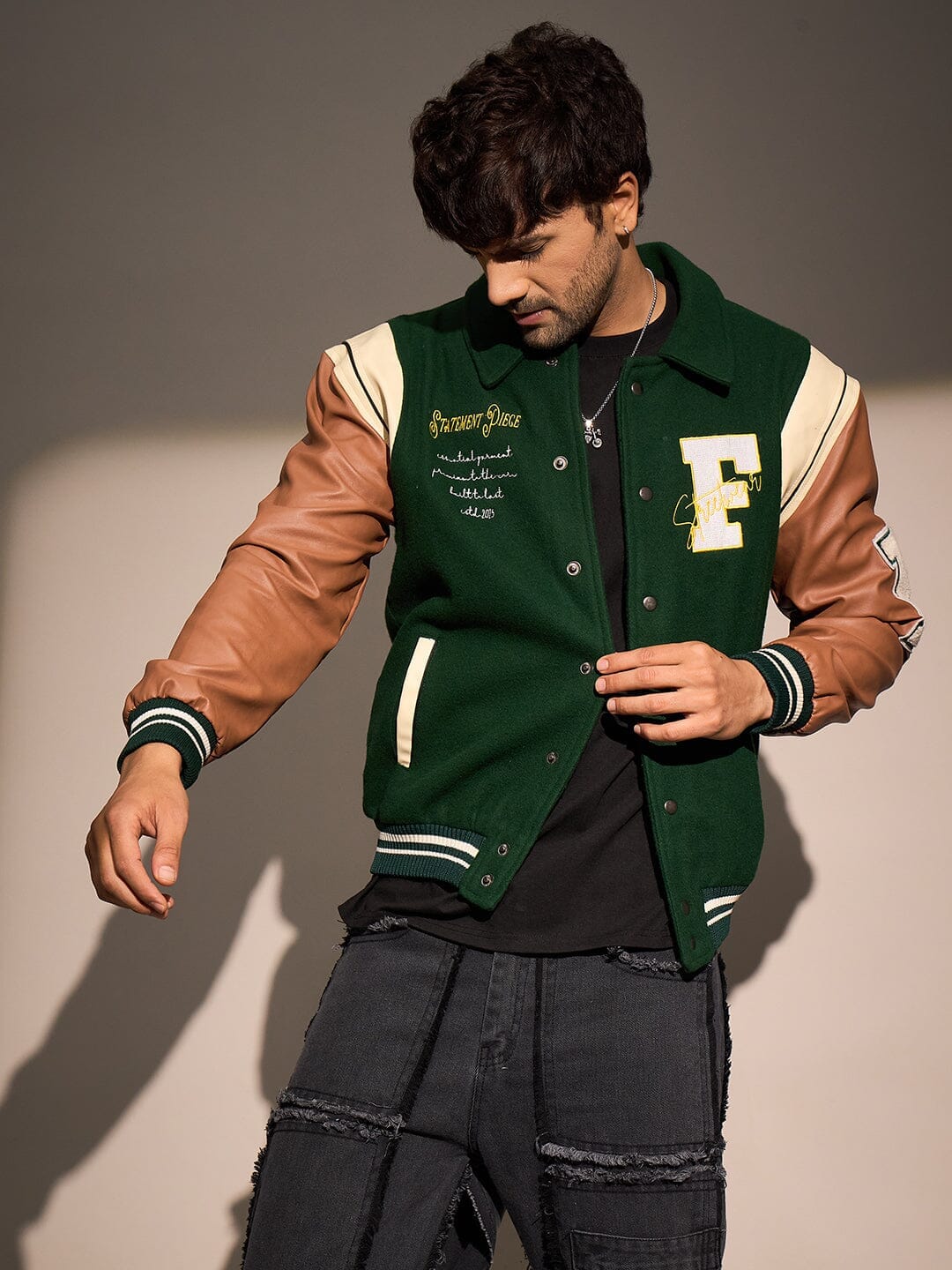 【希少】ONLY NY Versity Jacket Dark Green L Green Statement Woollen Varsity Jacket | Buy Men Jacket | Fugazee