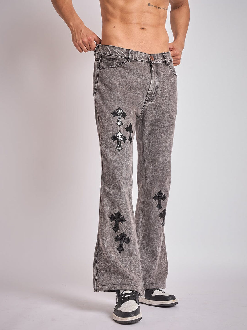 Grey Pu Cross Flared Denim Jeans Fugazee 