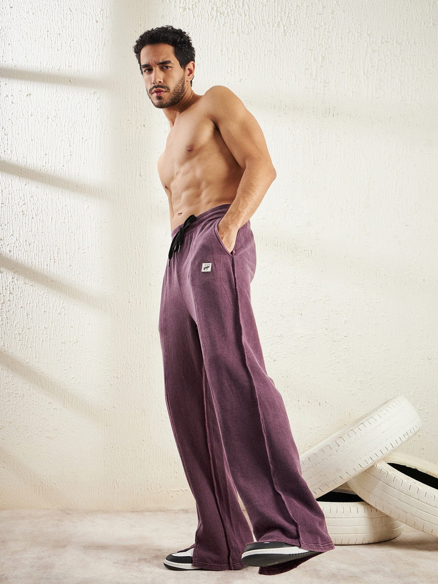 Mauve Dyed Raw Front Slit Relaxed Fit Joggers Trackpants Fugazee 