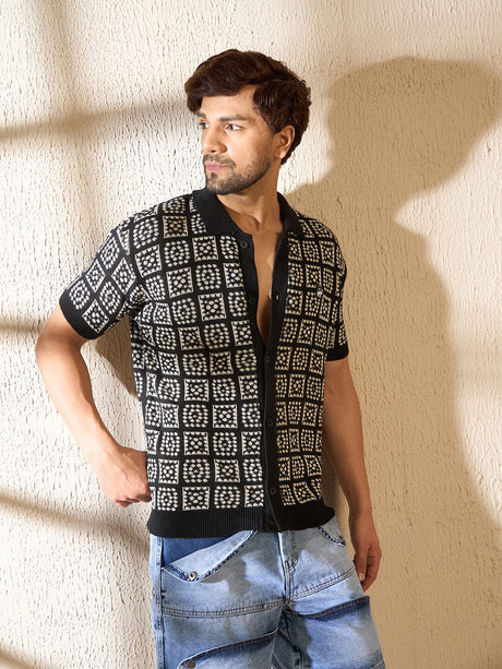 Black Geometrical Knitted Crochet Shirt Shirts Fugazee 